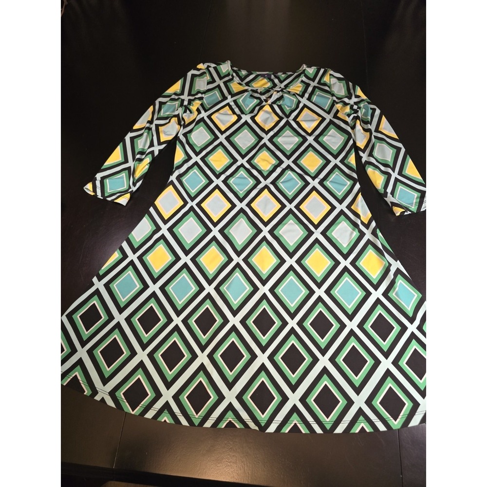 Kaari Blue Geometric Diamond Print‎ Shift Dress Size S Small Green Yellow Mod...